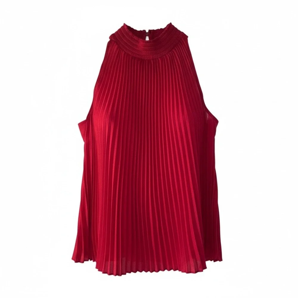 1 STATE Red Pleated‎ Mock Neck Sleeveless Halter Top Blouse Women XS - Picture 2 of 7
